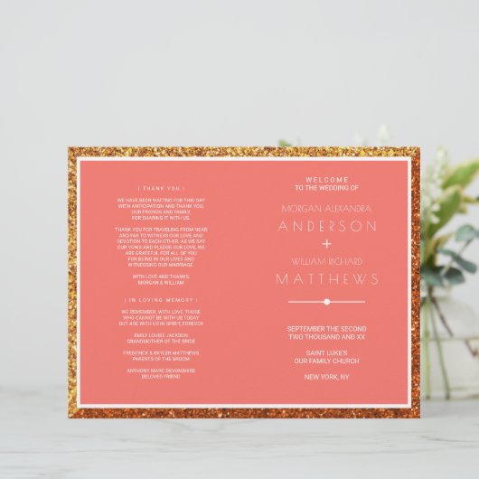 Coral Wedding Zeremony Programm Elegante (Stehend Vorderseite)