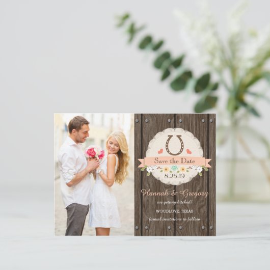 Coral Western Horseshoe Save the Date Postkarte (Stehend Vorderseite)