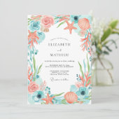 Coral Whimsical Coastal Wedding Einladung (Stehend Vorderseite)