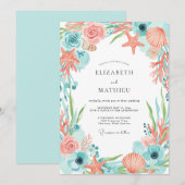 Coral Whimsical Coastal Wedding Einladung (Vorne/Hinten)