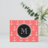 Coral White Anchors Pattern, Black Monogram Postkarte (Stehend Vorderseite)