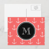 Coral White Anchors Pattern, Black Monogram Postkarte (Vorne/Hinten)
