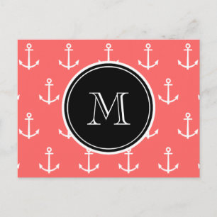 Coral White Anchors Pattern, Black Monogram Postkarte
