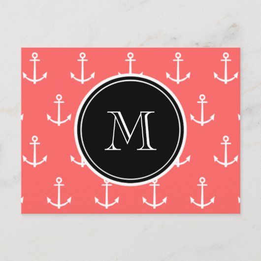 Coral White Anchors Pattern, Black Monogram Postkarte (Vorderseite)