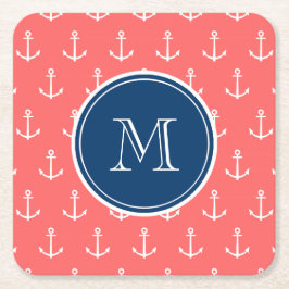 Coral White Anchors Pattern, Navy Blue Monogram Rechteckiger Pappuntersetzer