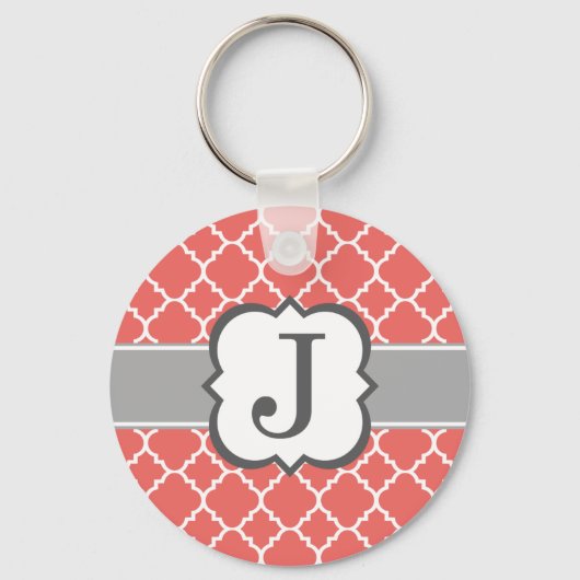 Coral White Monogram Letter J Quatrefoil Schlüsselanhänger (Vorderseite)