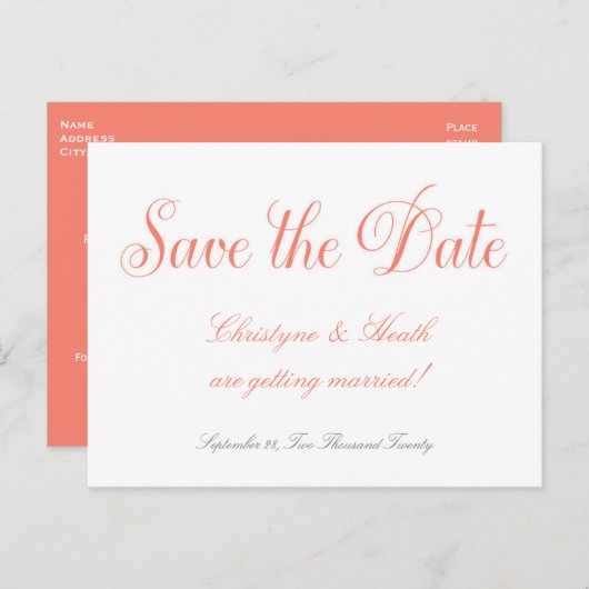 Coral & White Wedding Elegante Rett Datum Postkart Ankündigungspostkarte (Vorne/Hinten)