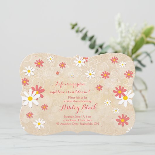 Coral White Yellow Daisy Bridal Dusche Einladung (Stehend Vorderseite)