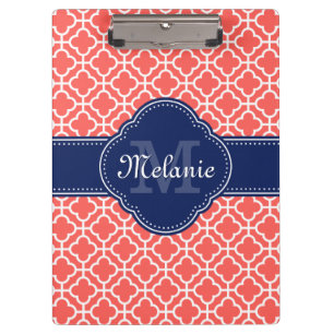 Coral Whmarokkanisches Muster Marine Monogram Klemmbrett