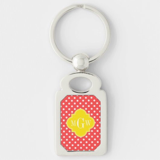 Coral WhPolka Dots Yellow Quatrefolie 3 Monogramm Schlüsselanhänger (Vorderseite)