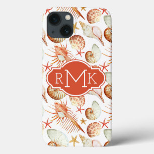 Coral With Shells & Crabs Pattern Monogram iPhone 13 Hülle