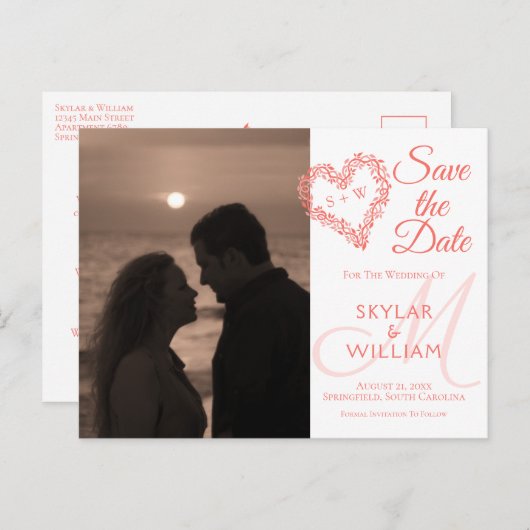 Coral Woodsy Wedding speichern das Datum Ihres Fot Einladungspostkarte (Vorne/Hinten)