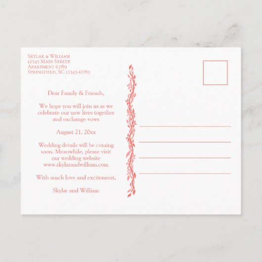 Coral Woodsy Wedding speichern das Datum Ihres Fot Einladungspostkarte (Rückseite)