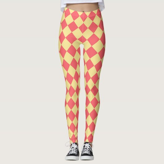 Coral Yellow Schachbrett Diamond Pattern Leggings (Vorderseite)