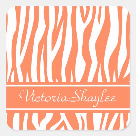 Coral Zebra Print mit benutzerdefiniertem Text Quadratischer Aufkleber (Vorderseite)