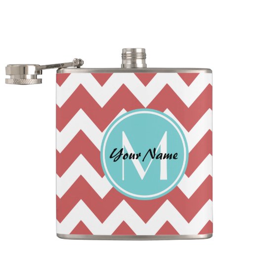 Coral Zickzack Aqua Monogram, Personalisiert Flachmann (Geöffnet)