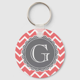 Coral Zickzack Gray Monogram Schlüsselanhänger