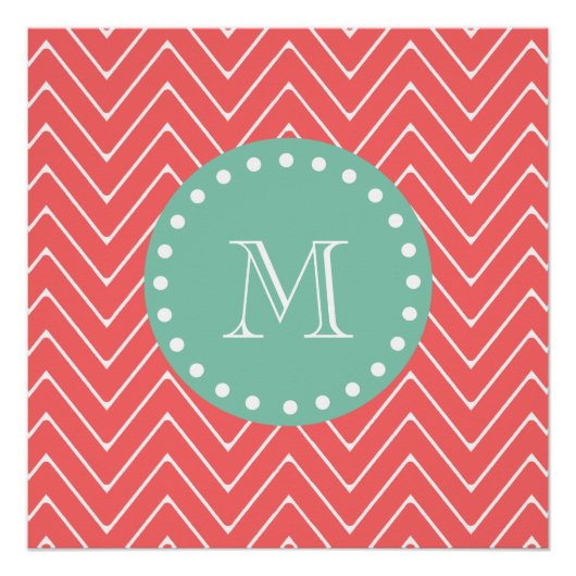 Coral Zickzack Pattern | Minze grüne Monogramm Poster (Vorderseite)