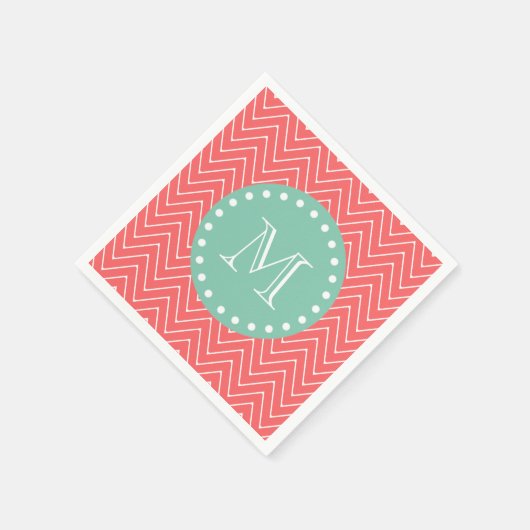 Coral Zickzack Pattern | Minze grüne Monogramm Serviette (Ecke)