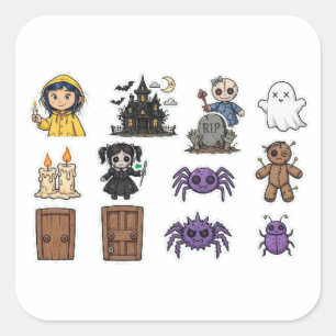Coraline Halloween-Aufkleber-Set mit 12 süßen grus Quadratischer Aufkleber