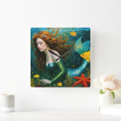 "Coralyn" - Wunderschöne mystische Meerjungfrau Quadratische Wanduhr (Zuhause)
