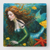 "Coralyn" - Wunderschöne mystische Meerjungfrau Quadratische Wanduhr (Vorderseite)