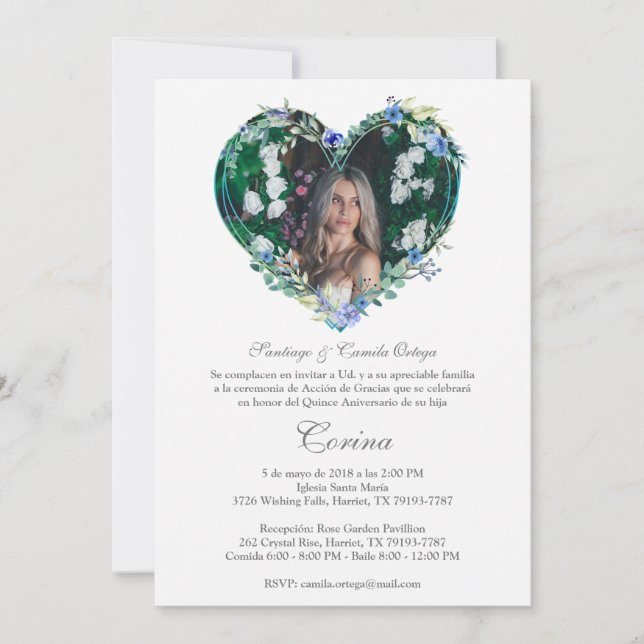 Corazón Floral en Azul con Foto de Quinceañera (Vorderseite)