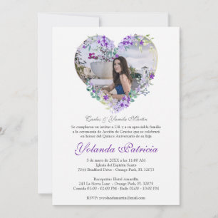 Corazón Floral en Morado con Foto de Quinceañera