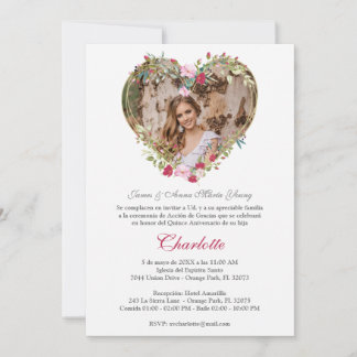 Corazón Floral Rosa y Rojo con Foto de Quinceañera