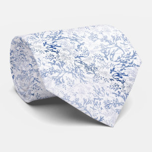 Corbata elegante blanca con corales y hojas azules krawatte