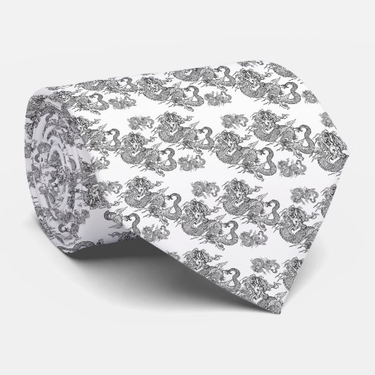 Corbata elegante blanca con dragón negro krawatte (Gerollt)