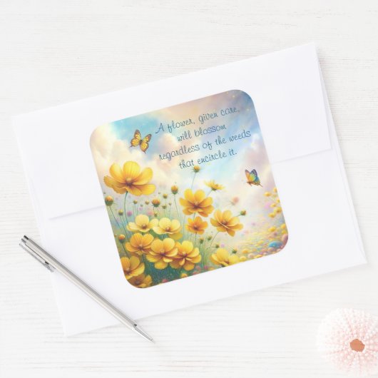 Coreopsis & Quote Quadratischer Aufkleber (Umschlag)