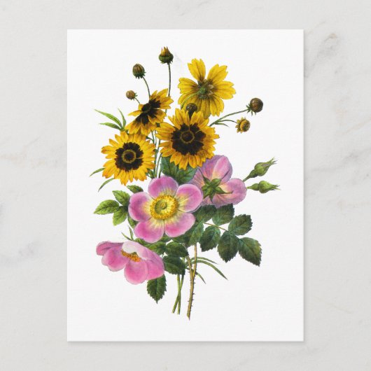 Coreopsis und Rose Hips Redoute Bouquet Postkarte (Vorderseite)