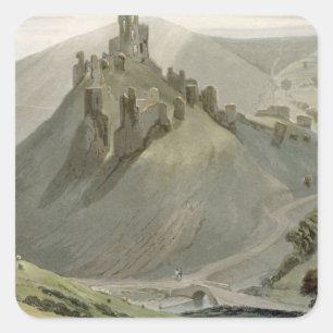 Corfe Castle aus "A Voyage Around Great Britain" Quadratischer Aufkleber