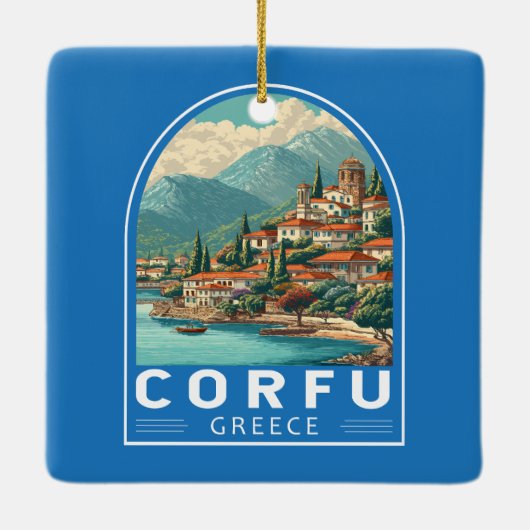 Corfu Greece Travel Art Emblem Keramikornament (Rückseite)