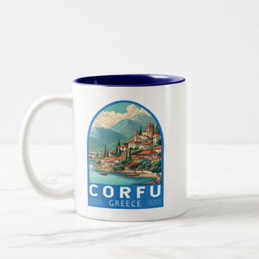 Corfu Greece Travel Art Emblem Zweifarbige Tasse (Links)