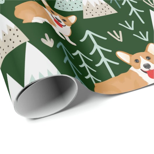 Corgi Abenteuer im Gebirgsmuster - grün Geschenkpapier (Rolleneckpunkt)