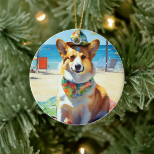 Corgi am Strand, Sommergeschenk für Hundebesitzer  Keramik Ornament