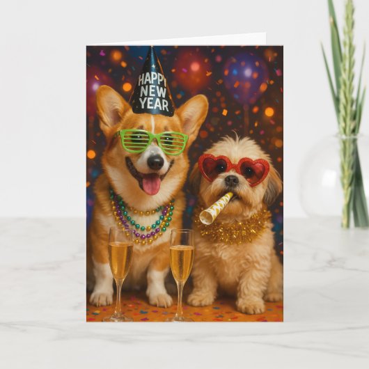 Corgi and Shitzu Pups Celebrating New Years Card Karte (Vorderseite)