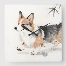 Corgi Aquarell – Whimsical japanische Tinte Hundek Quadratische Wanduhr