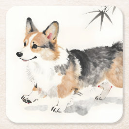 Corgi Aquarell – Whimsical japanische Tinte Hundek Rechteckiger Pappuntersetzer
