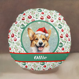 Corgi Art mit Weihnachtsmannmütze und Weihnachtsmu Rundes Kissen