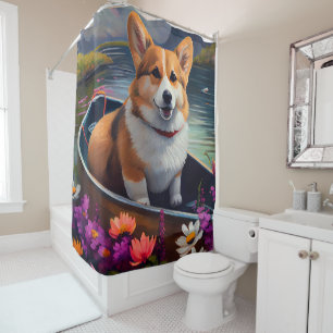 Corgi auf einem Paddel: Ein landschaftliches Abent Duschvorhang