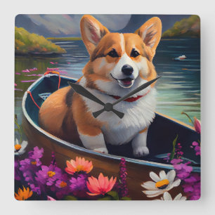 Corgi auf einem Paddel: Ein landschaftliches Abent Quadratische Wanduhr