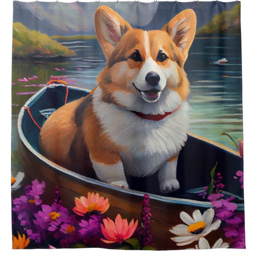 Corgi auf einem Paddle: Ein Landschaftliches Abent Duschvorhang (Vorderseite)