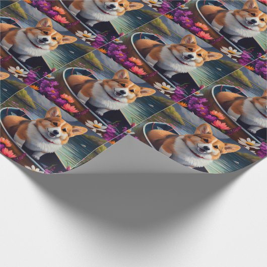 Corgi auf einem Paddle: Ein Landschaftliches Abent Geschenkpapier (Ecke)