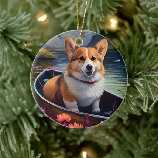 Corgi auf einem Paddle: Ein Landschaftliches Abent Keramik Ornament (Baum)