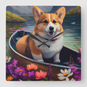 Corgi auf einem Paddle: Ein Landschaftliches Abent Quadratische Wanduhr (Vorderseite)
