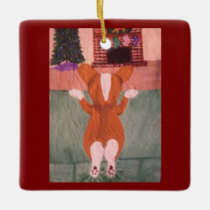Corgi auf Sofa, der auf den Weihnachtsmann wartet Keramikornament