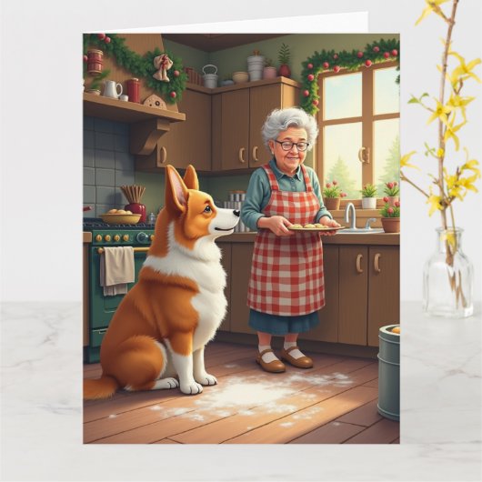 Corgi Backen mit Oma Weihnachtsmalerei Karte (Gelbe Blume)